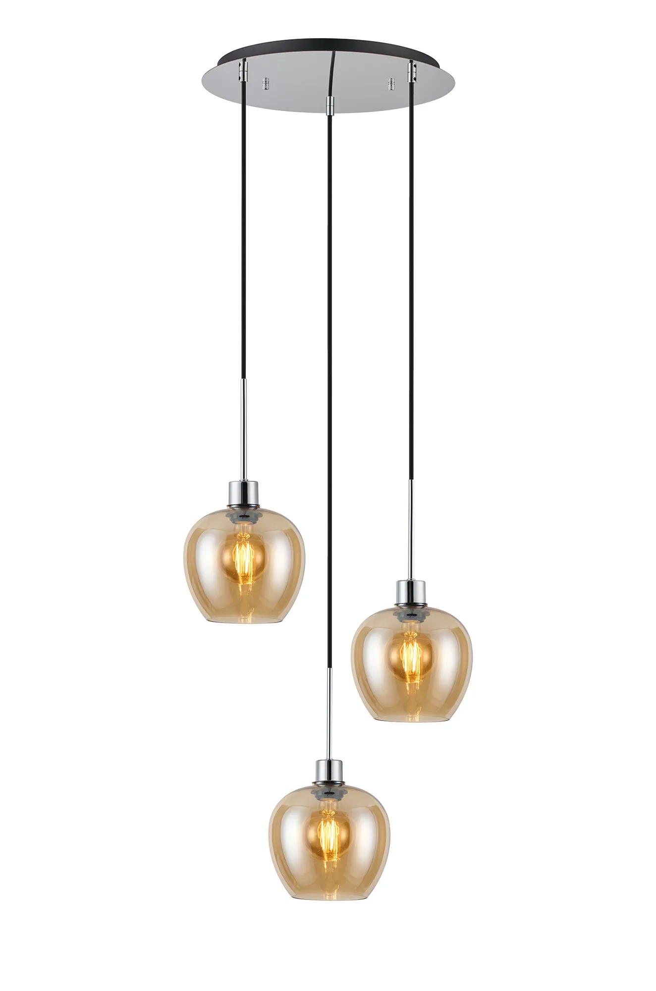 DK1276  Lori 40cm Round Pendant, 3 Light Adjustable E27, Polished Chrome/Amber Wine Shades
